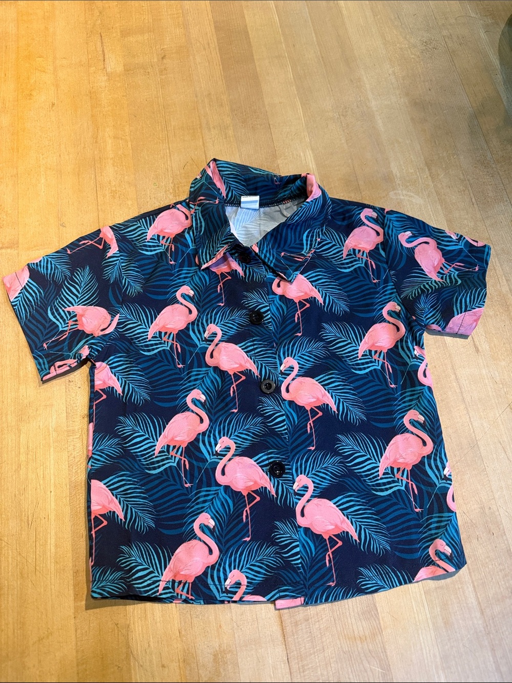 SHEIN Navy Button-Down Shirt with Pink Flamingo Print